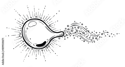 Stylized monochrome drawing depicting an energetic circular object radiating lines and releasing a dynamic stream of dots and wavy particles, perfect for conceptual science or abstract