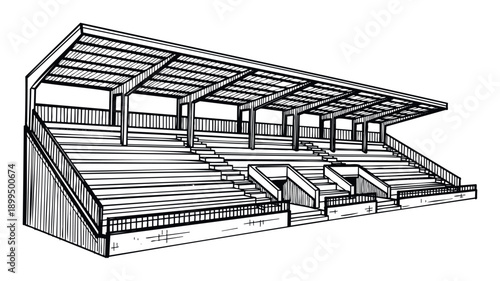 Handdrawn empty stadium grandstand with tiered seating and a covered roof, great for sports event marketing, architectural plans, or recreational facility content.