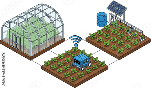 Smart agriculture ecosystem with greenhouse, robotic field monitoring, IoT irrigation, solar powered farming technology, automated crop management, flat vector illustration