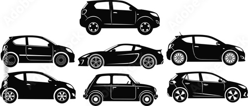 Car silhouette collection, modern vehicles side view, black white automobile icons, transportation design elements isolated background vector