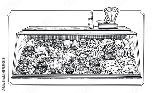 Traditional butcher shop display case showcasing a wide assortment of fresh meat products including various cuts of beef, pork, and whole chickens, perfect for food industry marketing and