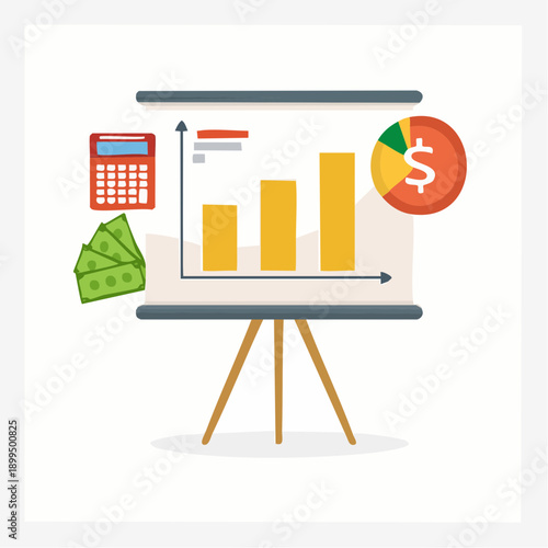 Financial data analysis and presentation on a projector screen with charts and graphs displayed
