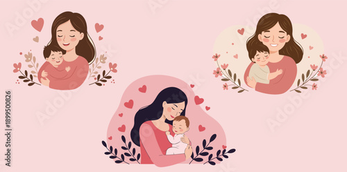Illustration of three women with flowers and hearts on a pink background
