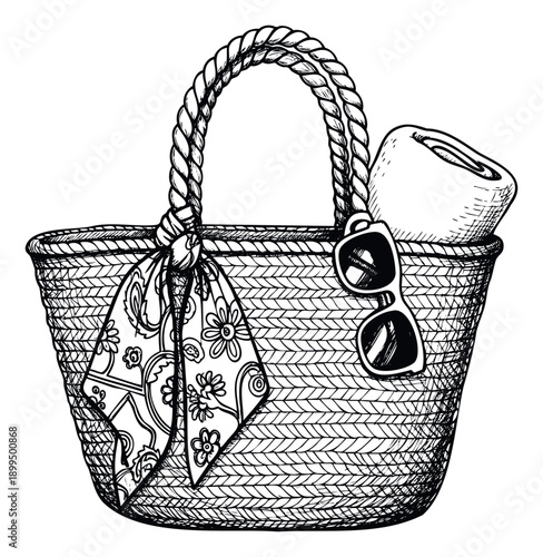 Woven straw beach bag adorned with a floral scarf, classic sunglasses, and a rolled towel, perfect for summer vacation promotions and travel agency advertisements