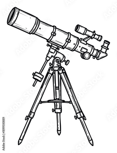 Classic astronomical refracting telescope with a finder scope mounted on an equatorial tripod for celestial observation and educational science graphics.
