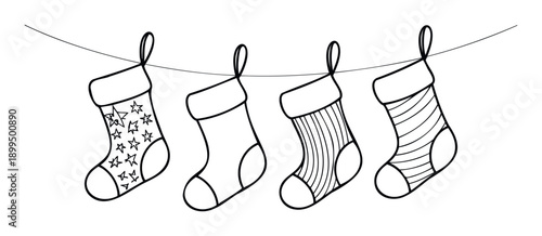 Festive holiday stockings with various patterns hanging on a line, perfect for seasonal decorations, greeting cards, or winter celebration promotional materials.