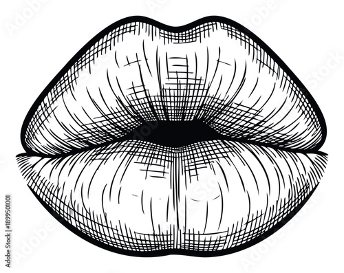 Black and white engraving style graphic depicting human lips with cross hatching texture perfect for cosmetic branding, personal care product packaging, apparel items, and print media.