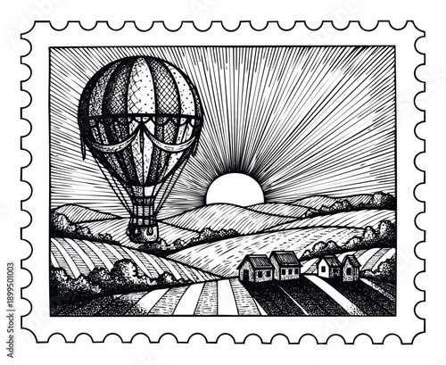 Hot air balloon soaring over a picturesque rural landscape at sunrise with rolling hills and traditional farmhouses, perfect for travel themes, vintage advertising, or nostalgic graphic