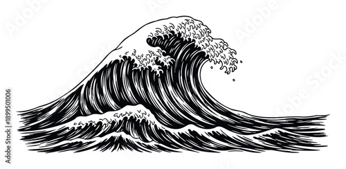 Dynamic black and white ocean wave graphic representing powerful sea movement and natural force, ideal for graphic apparel, marine themed decorations, or dramatic environmental content