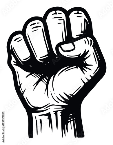 A powerful black and white clenched fist symbol of resistance and human strength for social justice movements and revolutionary graphic assets
