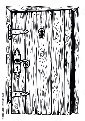 A rustic old wooden door featuring detailed grain, antique metal hinges, a decorative handle, and a keyhole, perfect for historical, fantasy, or architectural themed projects