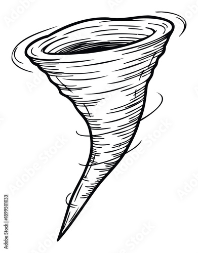Bold outline drawing of a powerful tornado funnel cloud symbolizing natural disaster or severe weather system suitable for alerts presentations or educational resources
