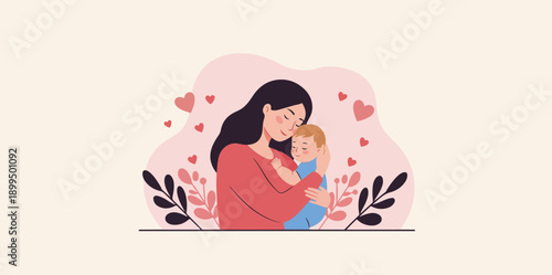 Woman holding baby in her arms with love and care