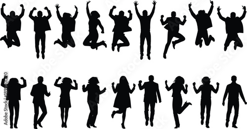 Celebrating people silhouettes, jumping happy men and women, success victory concept, teamwork celebration illustration isolated