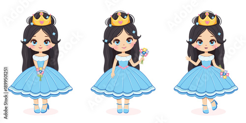 Cute little princess with beautiful eyes stands in different poses with flowers. Isolate on white background. Poster, Banner, Flyer, Greeting Card. Vector illustration in flat 