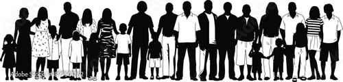 Large family group silhouette illustration, diverse people of all ages standing together, community unity concept, black human figures isolated white background