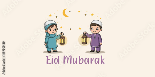 Eid mubarak greeting card with two boys holding lanterns on crescent moon night