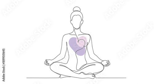 yoga meditation woman with purple heart on chest, vector line art, for wellness or mindfulness concept, isolated on transparent background, png