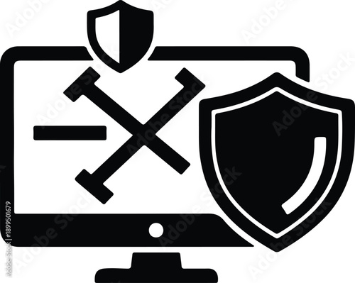 Silhouette computer screen data protection block threat cybersecurity icon illustration vector