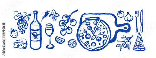 Vintage summer Italian Mediterranean pizzaria set. Hand drawn crayon isolated vector illustration. Amalfi sketch vacation design. Wine, grapes, cheese, tomato, olive branch.