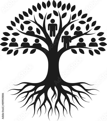 Family tree silhouette with human figures roots and leaves representing ancestry genealogy community connection heritage vector illustration