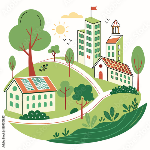 A serene village scene with a church and residential buildings surrounded by greenery