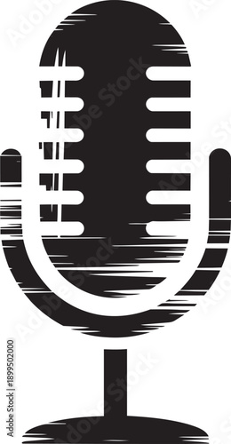 Microphone icon with grunge texture, black retro audio recording device symbol, distressed mic
