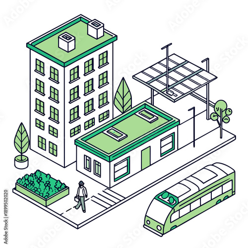 Modern urban infrastructure with green buildings and public transport integration