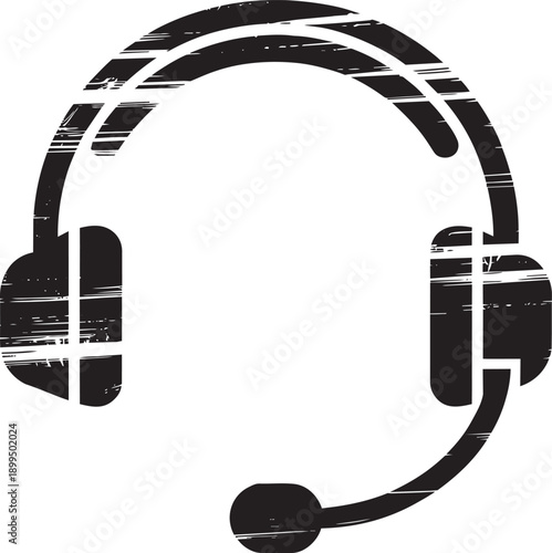 Headphone with microphone icon in grunge texture, black headset symbol for call center support