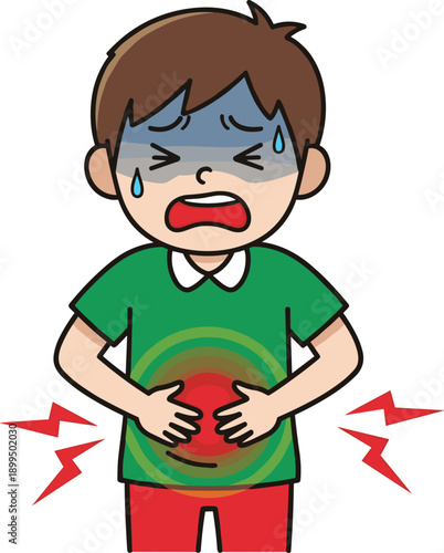 Crying boy with stomach pain cartoon illustration, child abdominal ache, diarrhea nausea concept, health problem, pediatric illness design