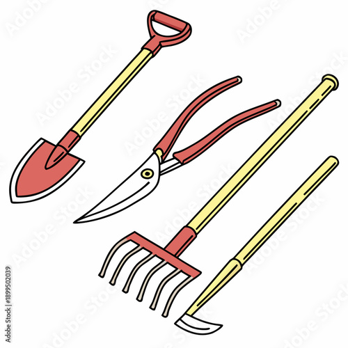 A collection of four common gardening and yard tools laid out on a flat surface