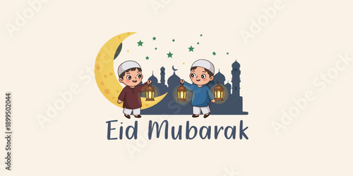 Eid mubarak greeting card illustration of two kids with lanterns and crescent moon