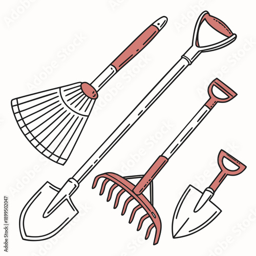 Set of four gardening tools including rake, shovel, and cultivator with red handles