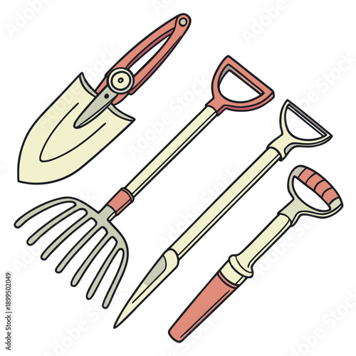 Assorted garden tools for outdoor landscaping and yard maintenance tasks