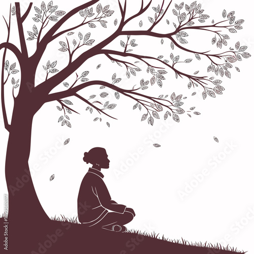 A solitary figure finds peace beneath the leafless tree in quiet contemplation.