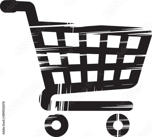 Shopping cart icon with scratched grunge texture, black market trolley symbol for web store