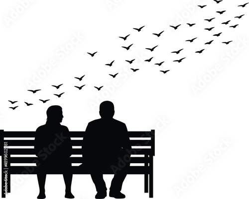 Couple sitting on park bench silhouette watching flying birds, love companionship freedom hope memory minimalist romantic illustration art