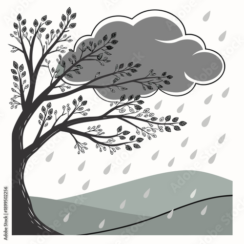 A lone tree standing resiliently amidst a stormy and serene landscape.