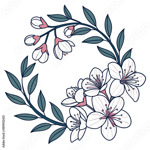Elegant botanical wreath design with delicate flowers and foliage in soft pastels