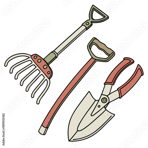 Set of gardening tools including rake, hoe, and trowel for outdoor maintenance tasks.