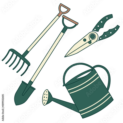 Garden tools and watering can for outdoor planting and maintenance