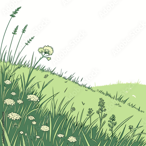 A serene meadow filled with wildflowers basking in the gentle sunlight on a rolling hillside