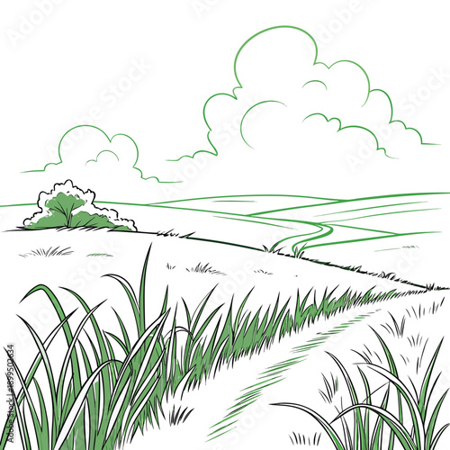 A serene landscape featuring tall grass swaying under a partly cloudy sky