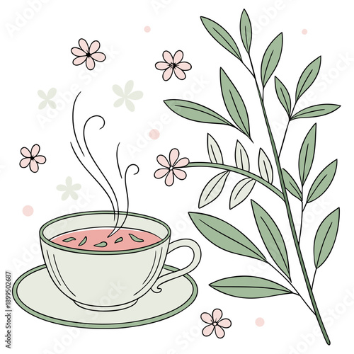 A delicate tea cup paired with blooming flowers and steamy herbal infusion in a serene setting