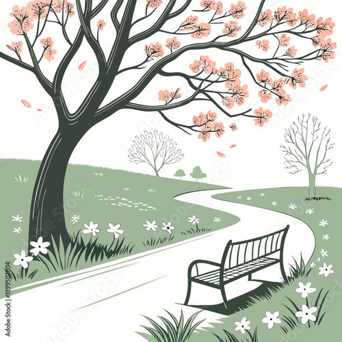 Autumn solitude on a quiet park bench beneath a tree with falling leaves