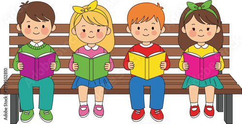 Cute cartoon children reading books together, happy kids learning on bench, education illustration isolated on white background for school concept