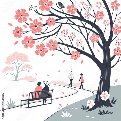 Tranquil park scene under blooming cherry blossoms with a couple enjoying a peaceful walk.