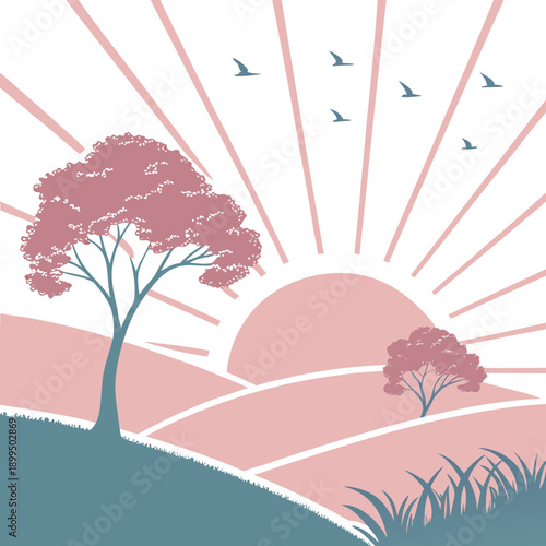 Serene dawn over rolling hills with blooming cherry tree