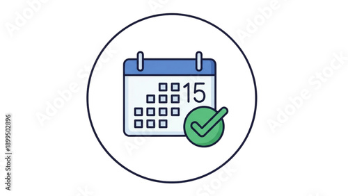 A calendar icon displaying the 15th day marked as confirmed with a green checkmark in a simple circular frame