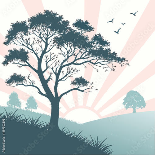 A serene landscape featuring a lone tree standing on a gentle hillside at sunset.